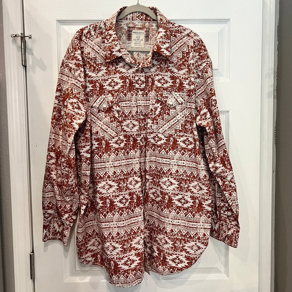 Panhandle Rough Stock Western Shirt Cotton Rust White Tribal Geometric XXL
